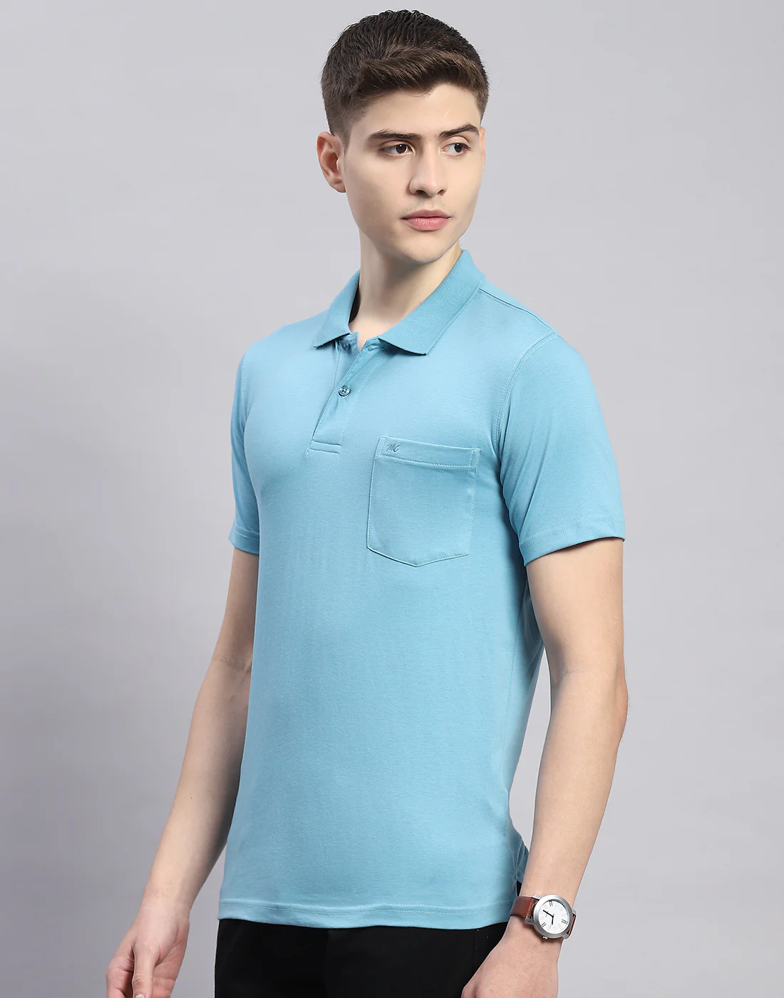 Men Blue Solid Polo Collar Half Sleeve T-Shirt - Image 3