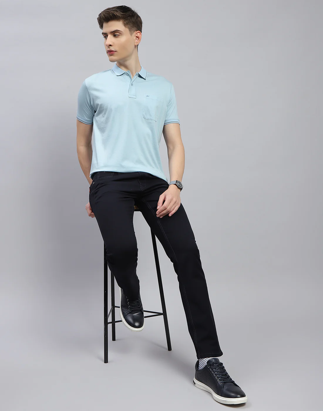 Men Blue Solid Polo Collar Half Sleeve T-Shirt - Image 2