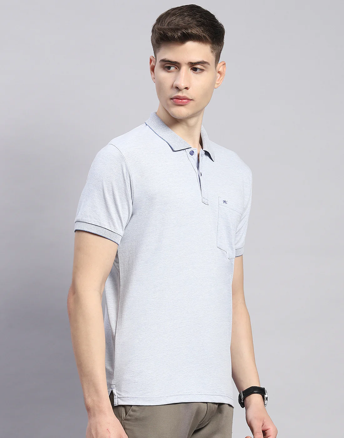 Men Blue Solid Polo Collar Half Sleeve T-Shirt - Image 4