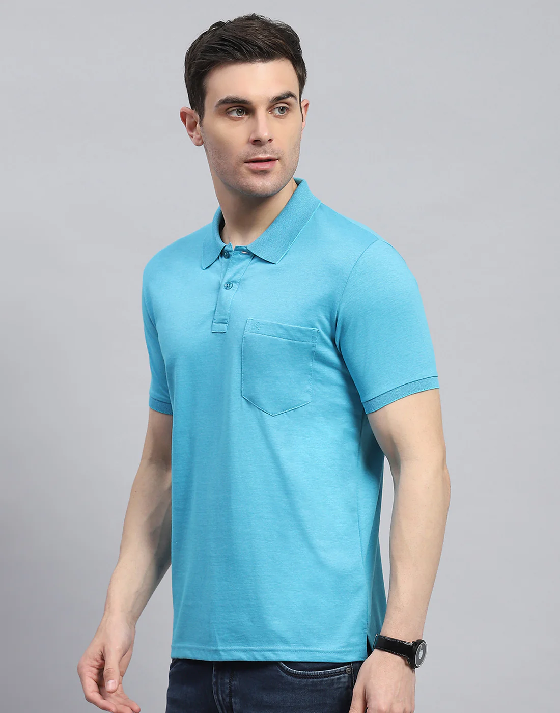 Men Blue Solid Polo Collar Half Sleeve T-Shirt - Image 3