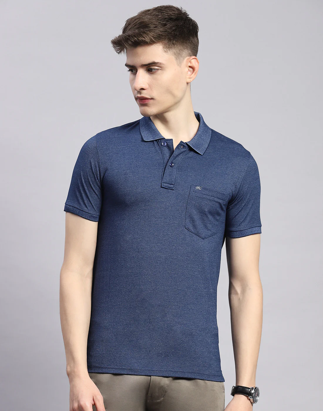 Men Blue Solid Polo Collar Half Sleeve T-Shirt - Image 3