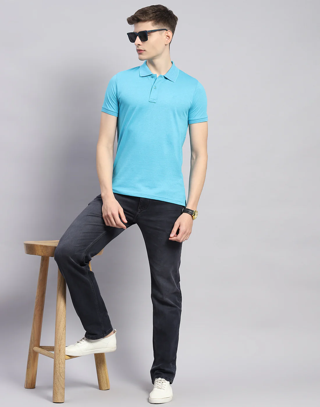 Men Blue Solid Polo Collar Half Sleeve T-Shirt - Image 2