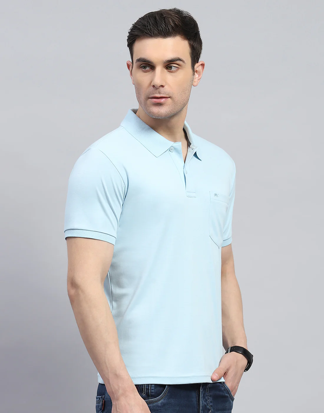 Men Blue Solid Polo Collar Half Sleeve T-Shirt - Image 4