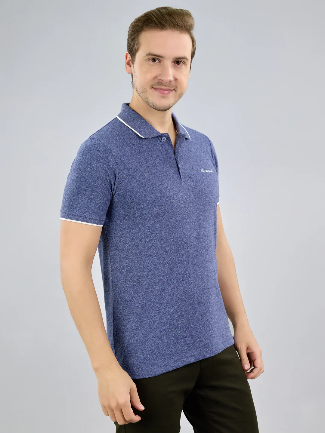 Men Blue Solid Polo Collar Half Sleeve T-Shirt - Image 3