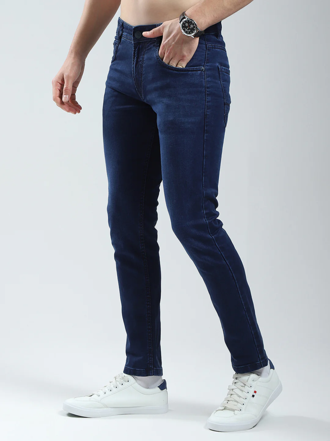 Men Blue Solid Ankle Length Denim - Image 3