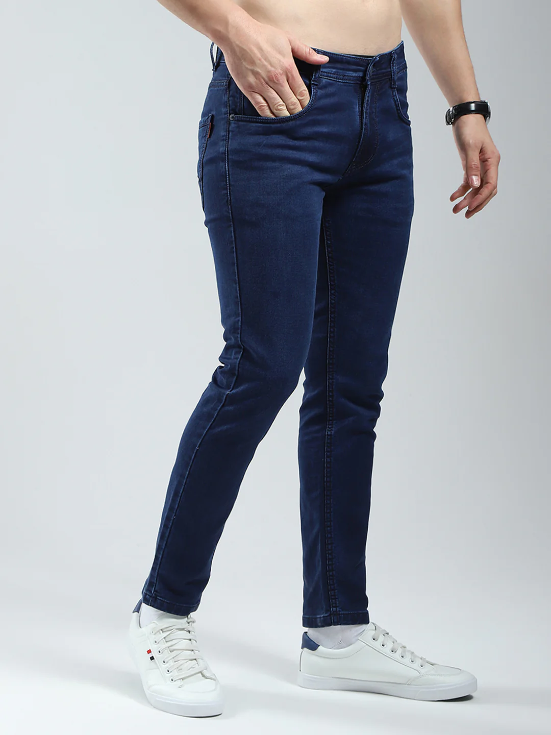 Men Blue Solid Ankle Length Denim - Image 4