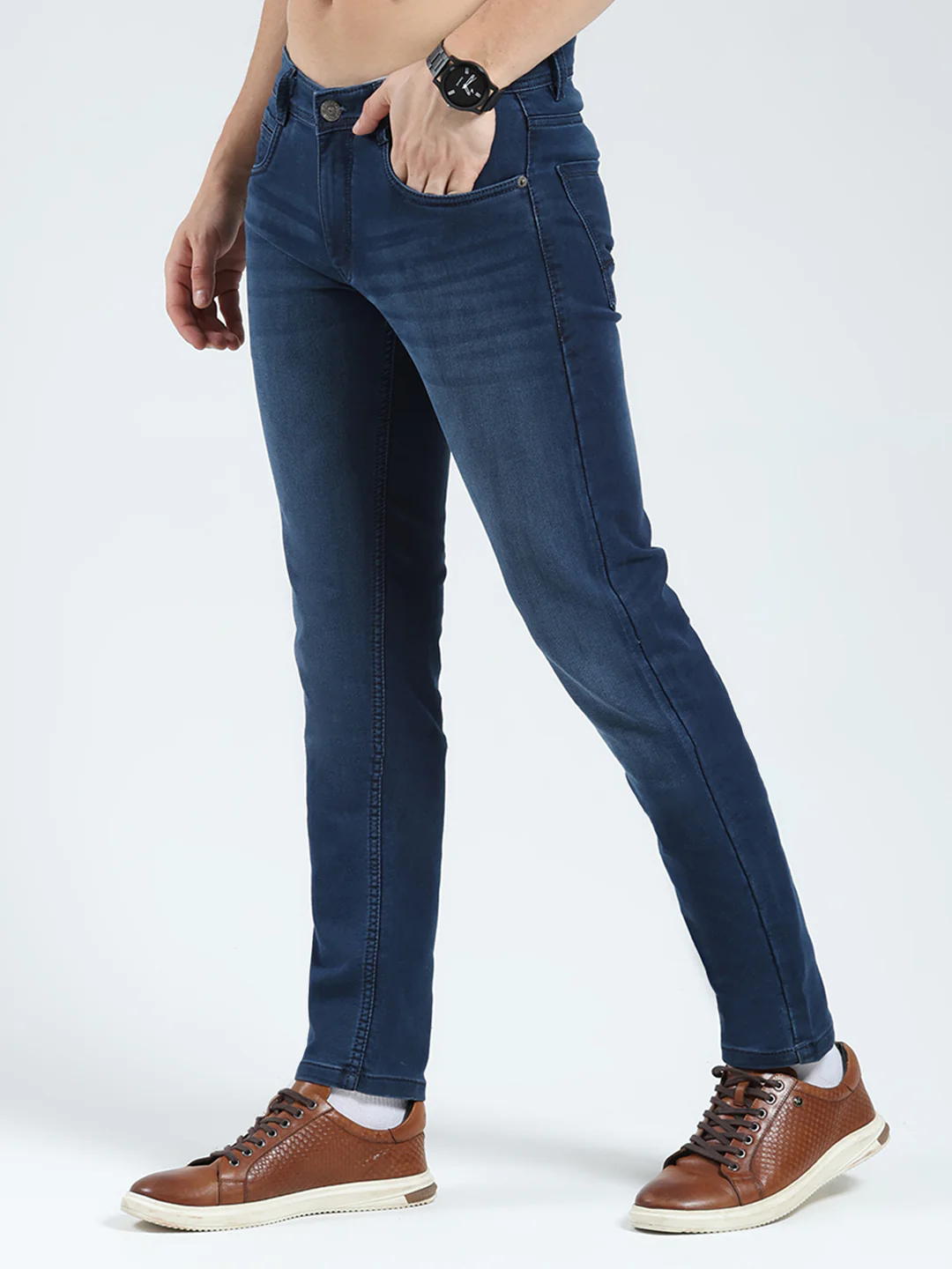 Men Blue Solid Narrow Fit Denim - Image 3