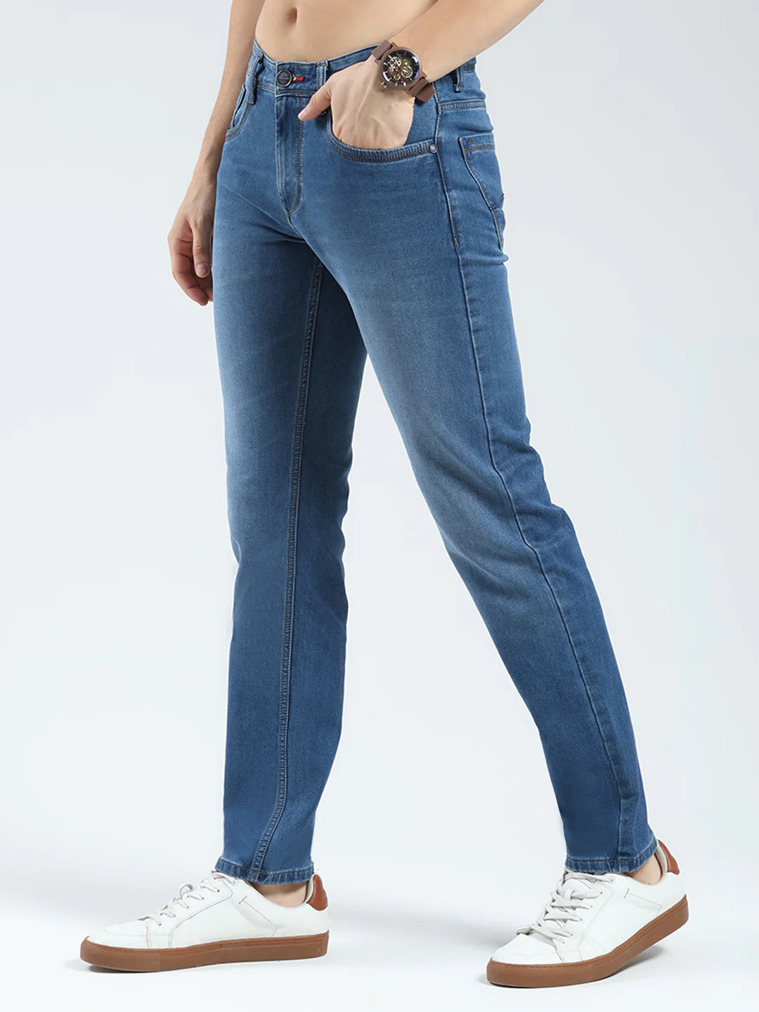 Men Blue Solid Narrow Fit Denim - Image 3