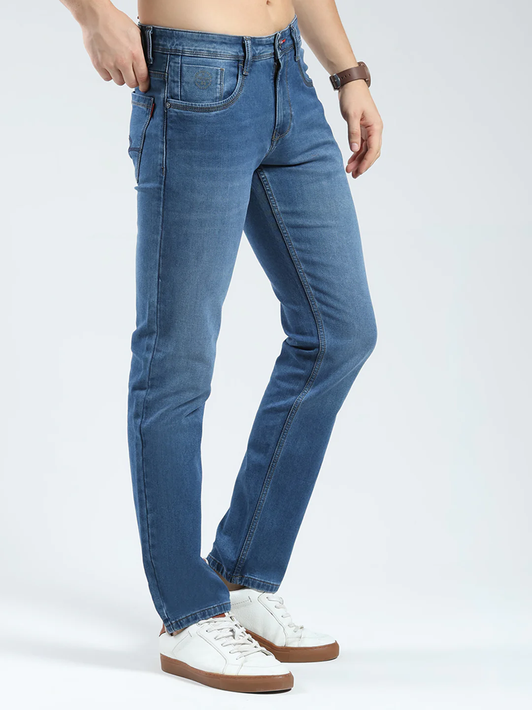 Men Blue Solid Narrow Fit Denim - Image 4