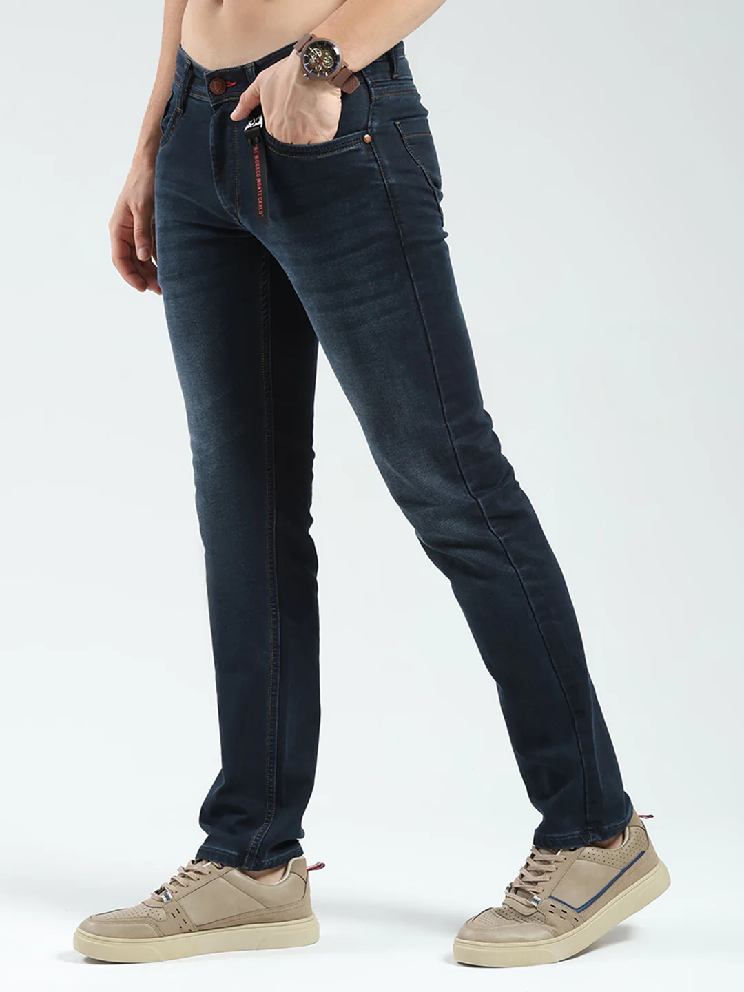 Men Blue Solid Narrow Fit Denim - Image 3