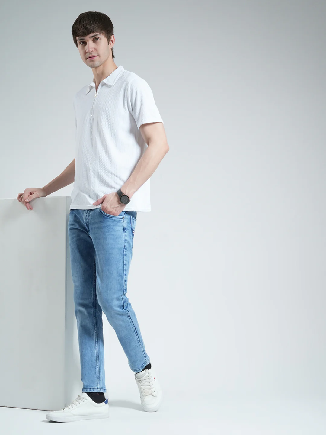 Men Blue Solid Ankle Length Denim - Image 2