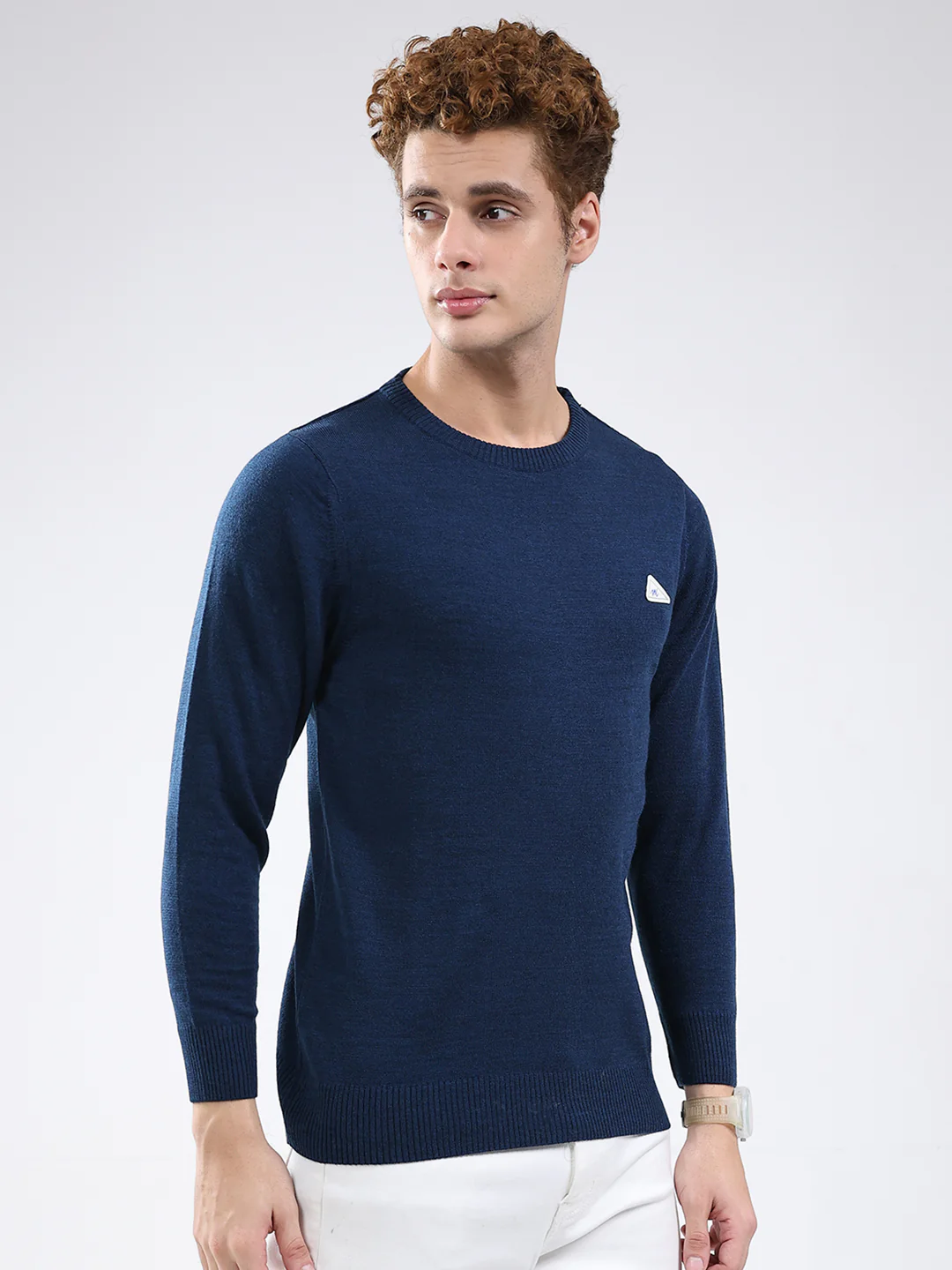 Men Blue Solid Round Neck Full Sleeve Pullover - Image 4