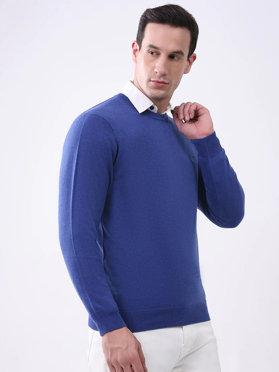 Men Blue Solid Round Neck Full Sleeve Pullover - Image 3