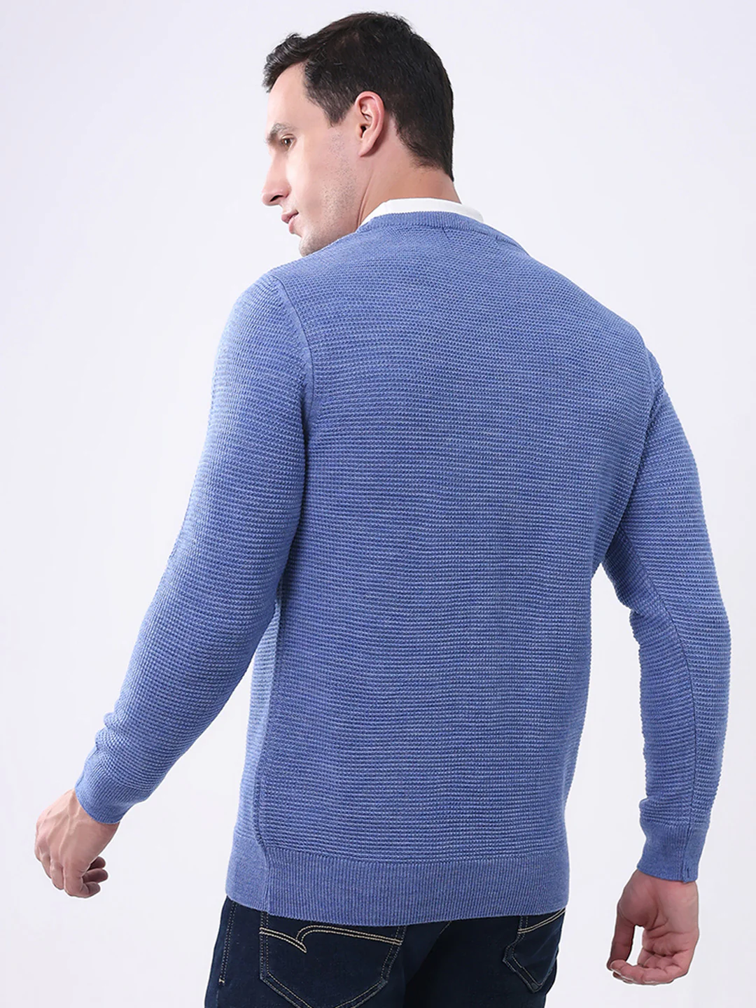 Men Blue Solid Round Neck Full Sleeve Pullover - Image 5