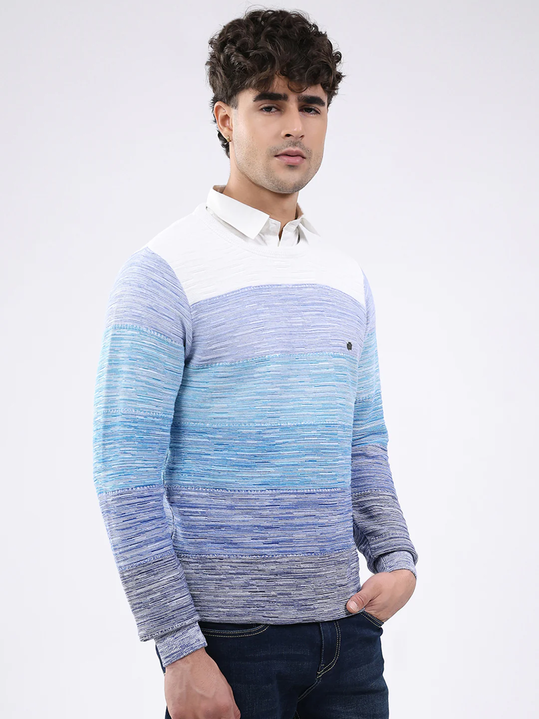 Men Blue Solid Round Neck Full Sleeve Pullover - Image 4