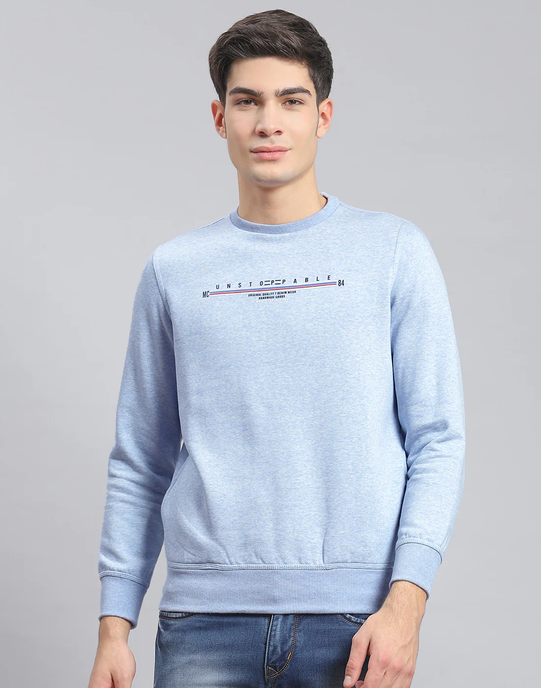 Men Blue Solid Round Neck Full Sleeve Sweatshirt - Image 2