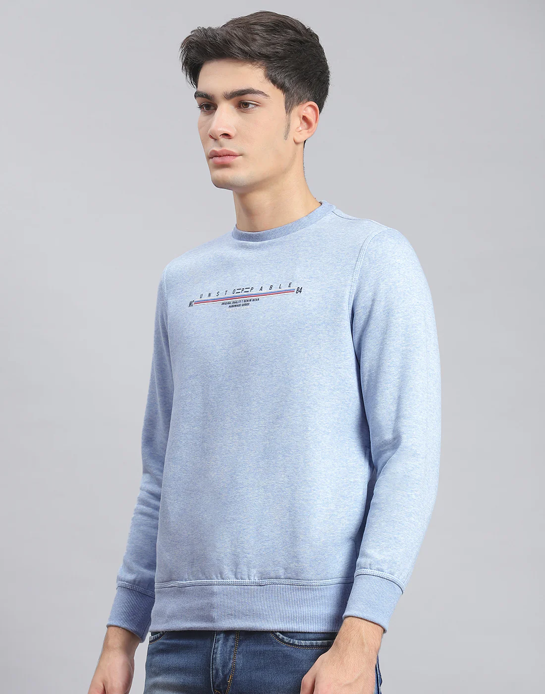 Men Blue Solid Round Neck Full Sleeve Sweatshirt - Image 3