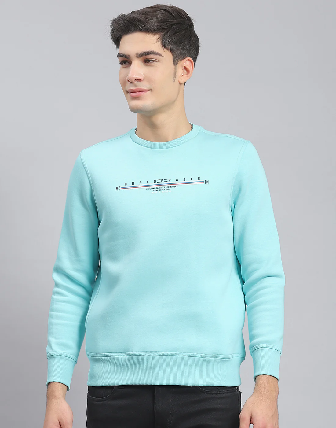 Men Blue Solid Round Neck Full Sleeve Sweatshirt - Image 2