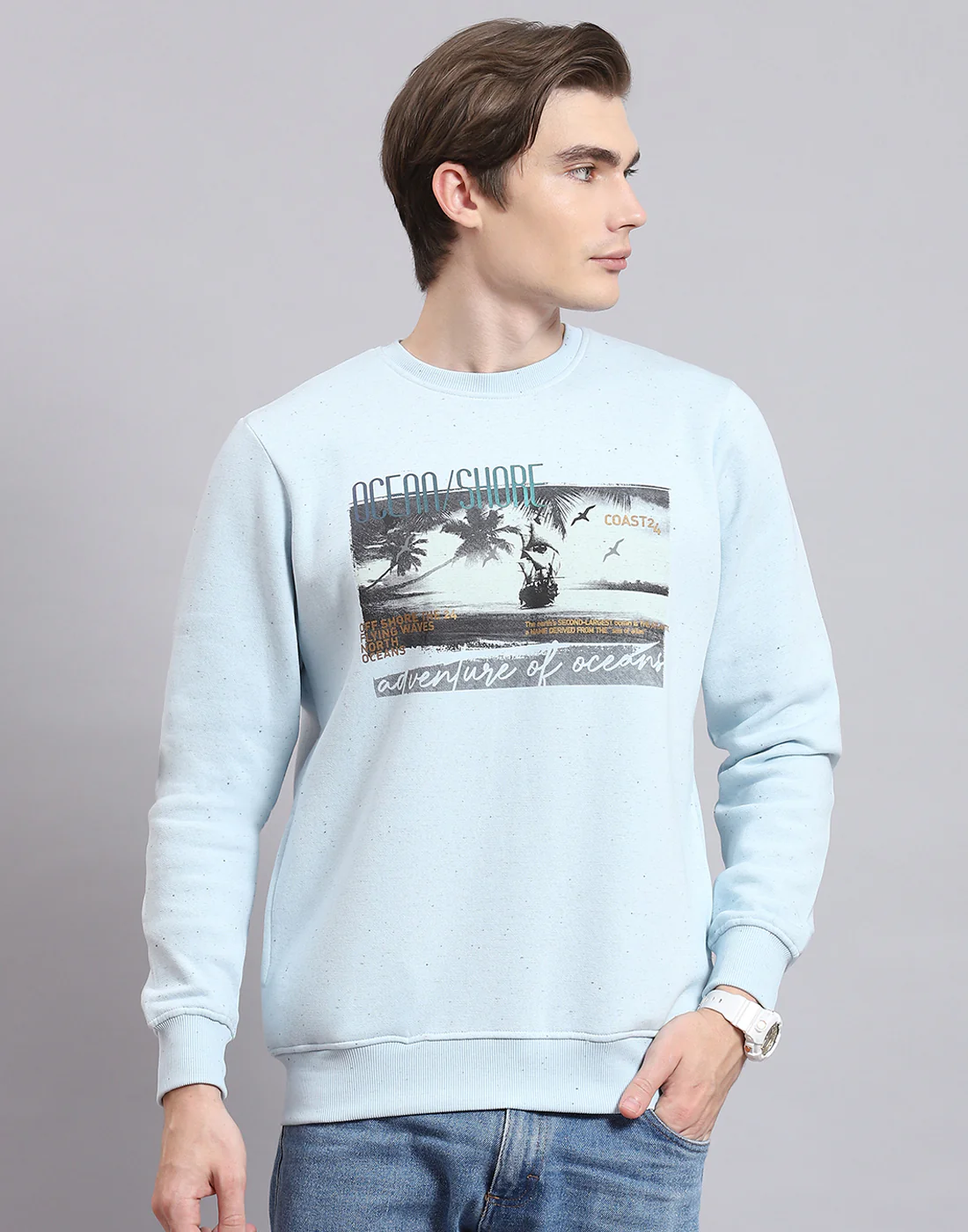 Men Blue Solid Round Neck Full Sleeve Sweatshirt - Image 2