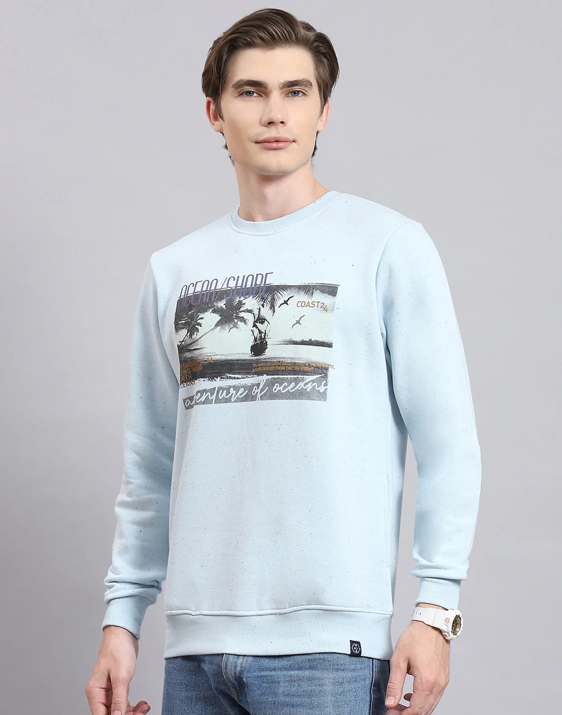 Men Blue Solid Round Neck Full Sleeve Sweatshirt - Image 3