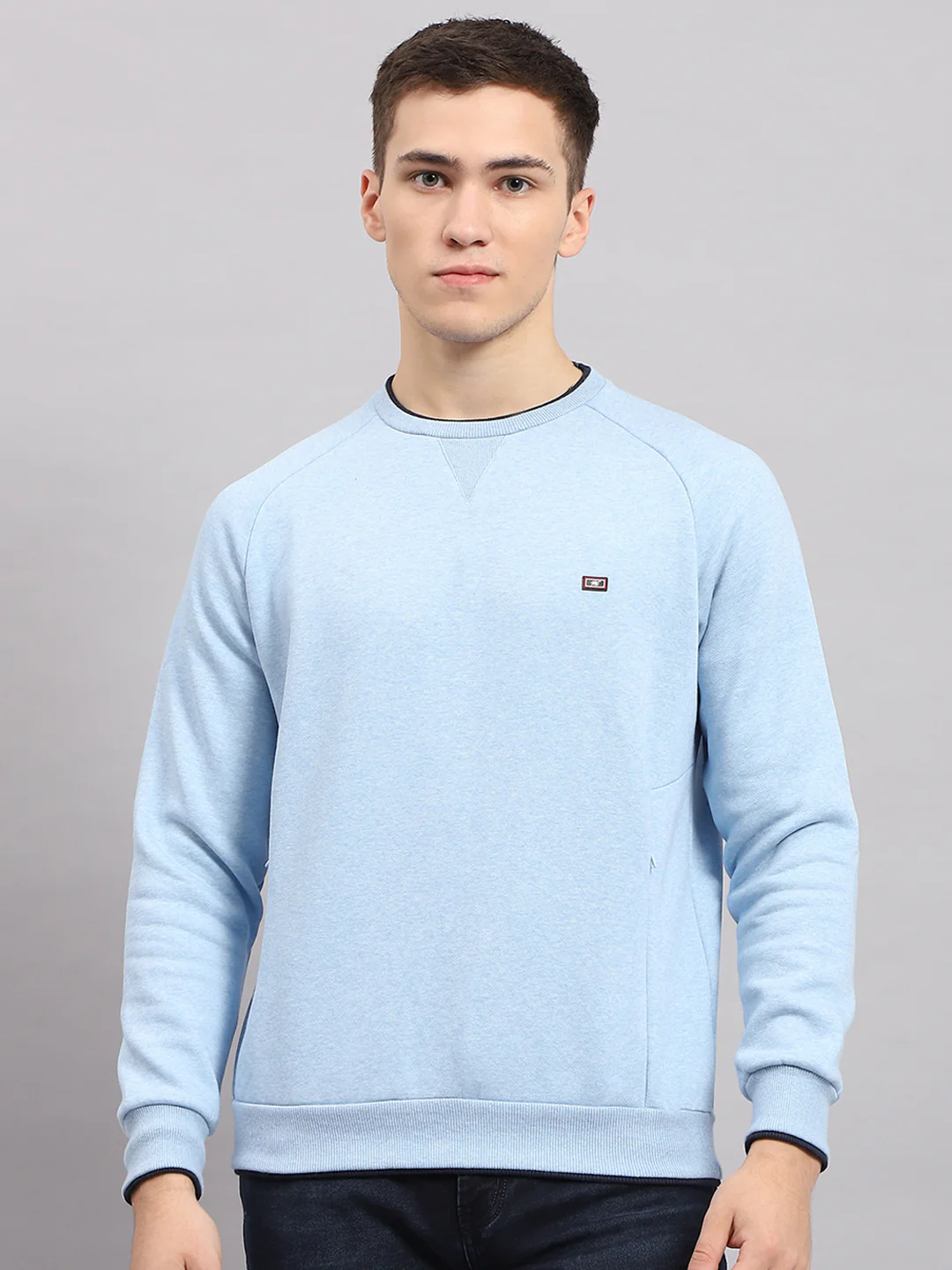Men Blue Solid Round Neck Full Sleeve Sweatshirt - Image 2