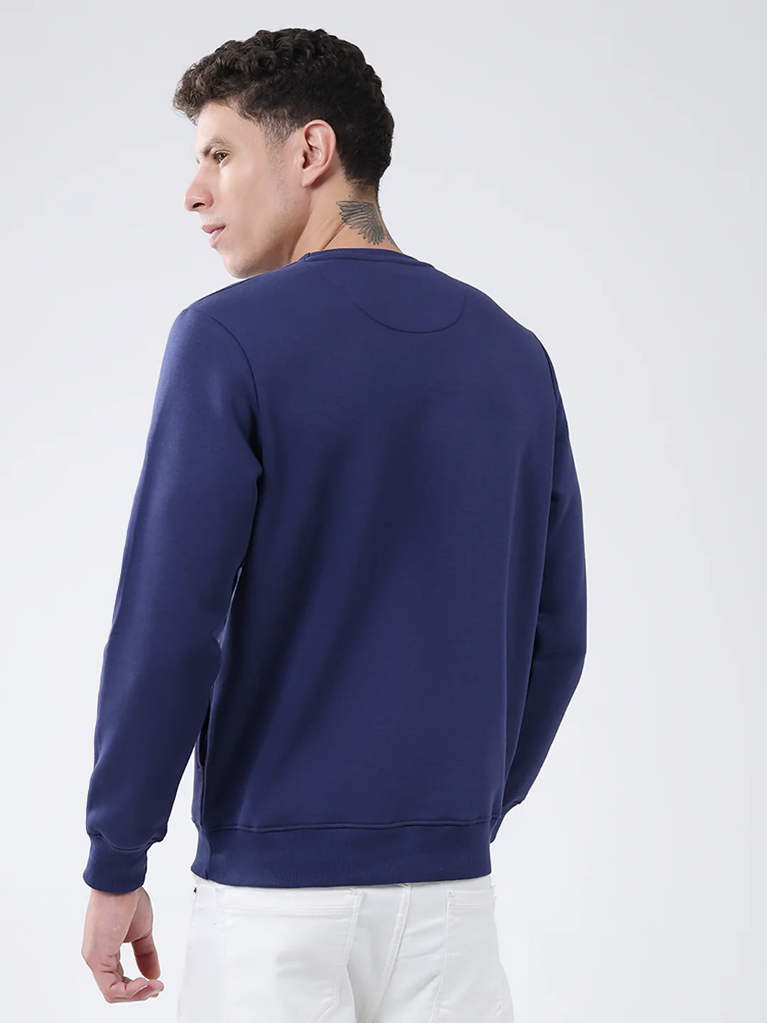 Men Blue Solid Round Neck Full Sleeve Sweatshirt - Image 5