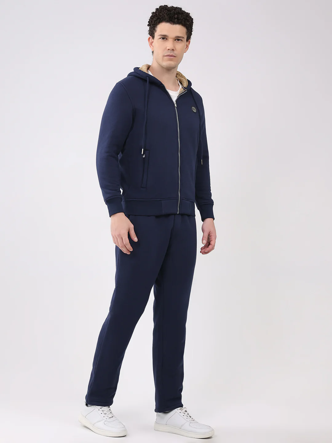Men Blue Solid Round Neck Full Sleeve Winter Tracksuit - Image 4