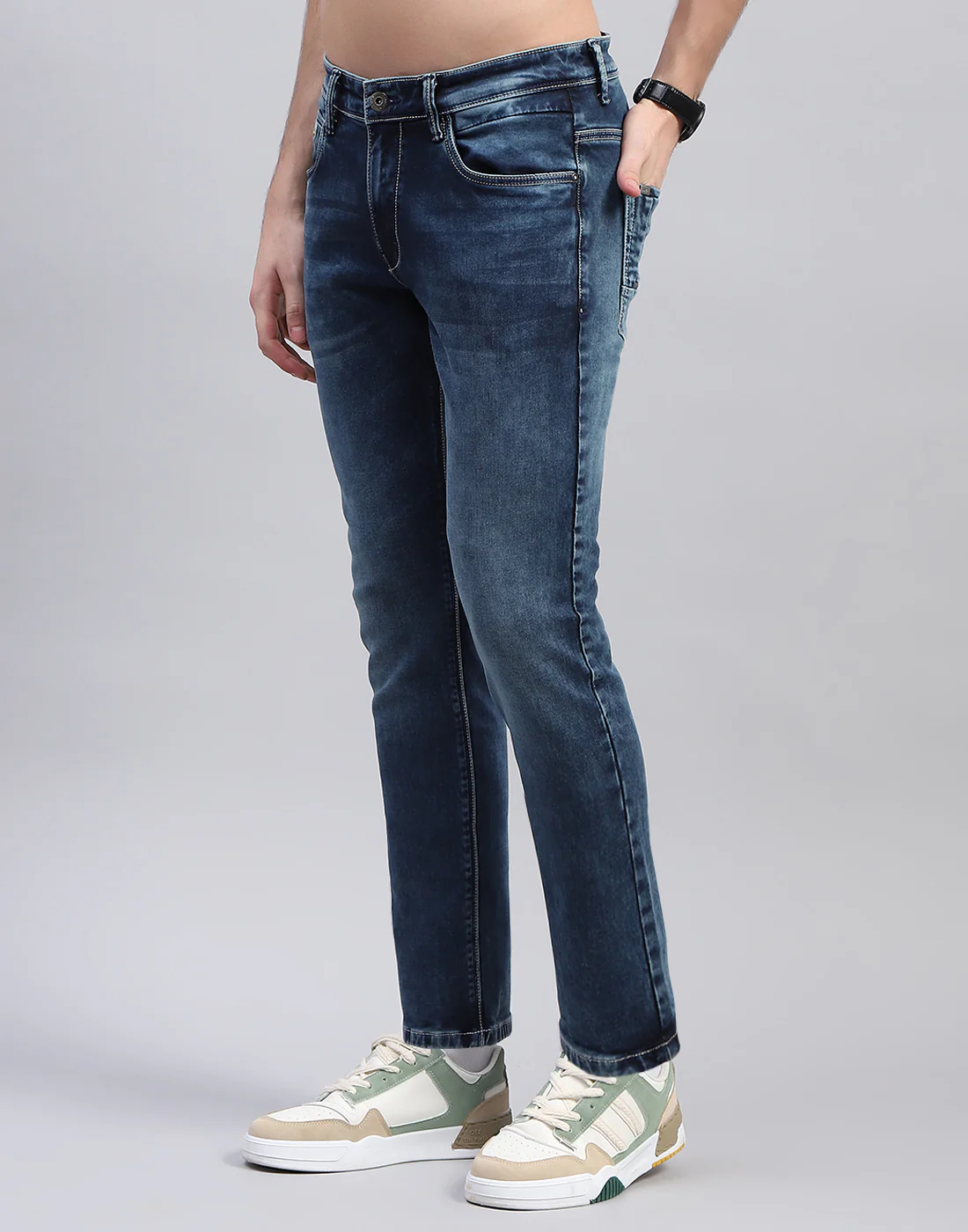 Men Blue Solid Ankle Length Denim - Image 3