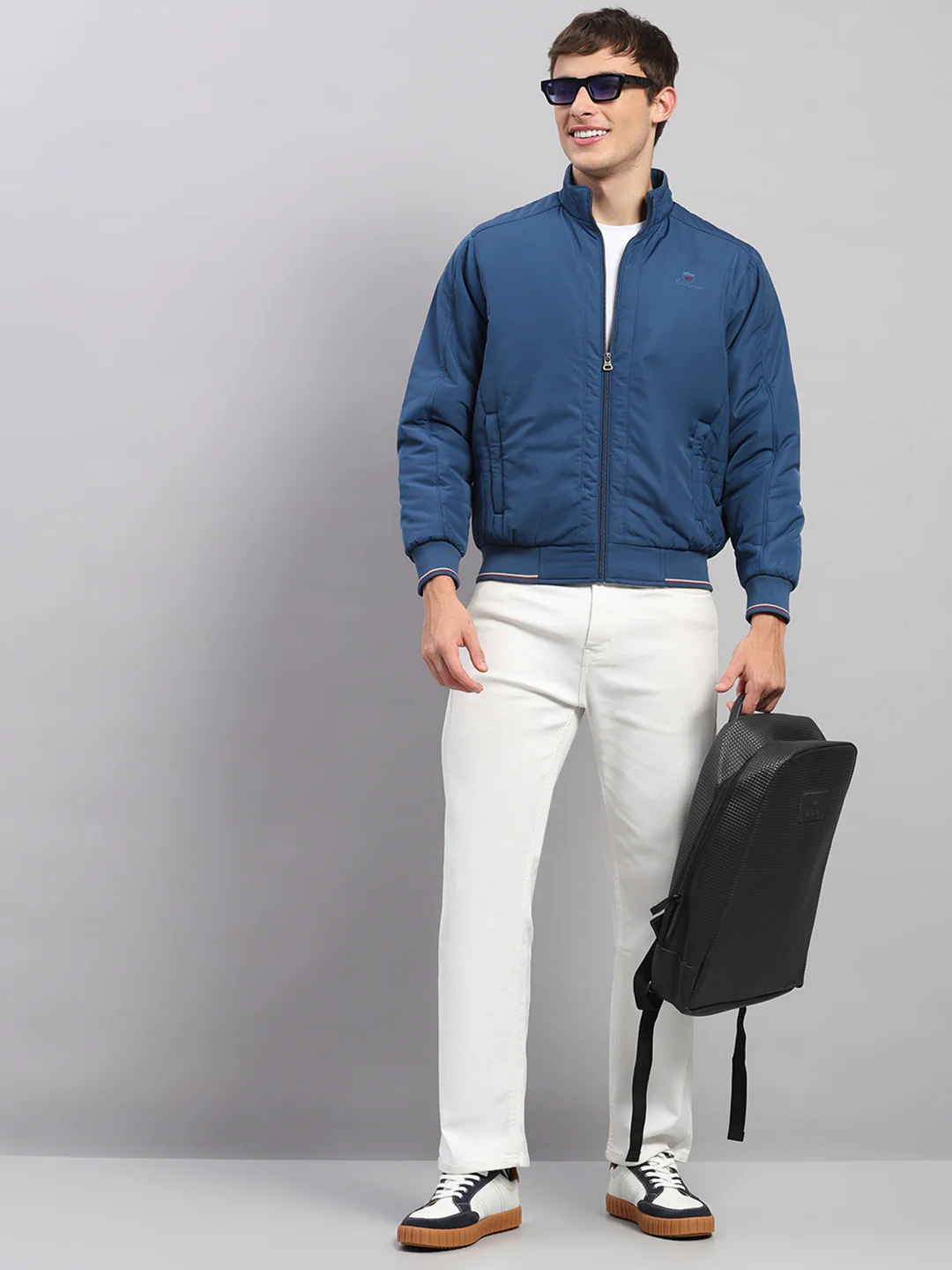 Men Blue Solid Stand Collar Full Sleeve Jacket - Image 2