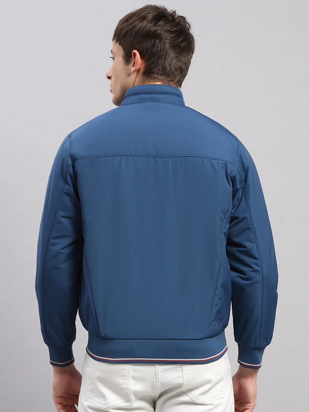 Men Blue Solid Stand Collar Full Sleeve Jacket - Image 5
