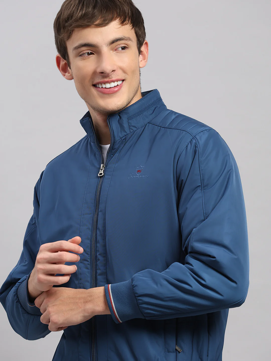 Men Blue Solid Stand Collar Full Sleeve Jacket - Image 6