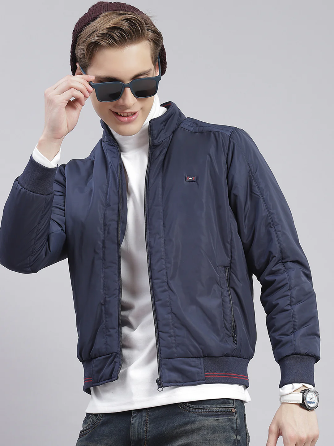 Men Blue Solid Stand Collar Full Sleeve Jackets - Image 2