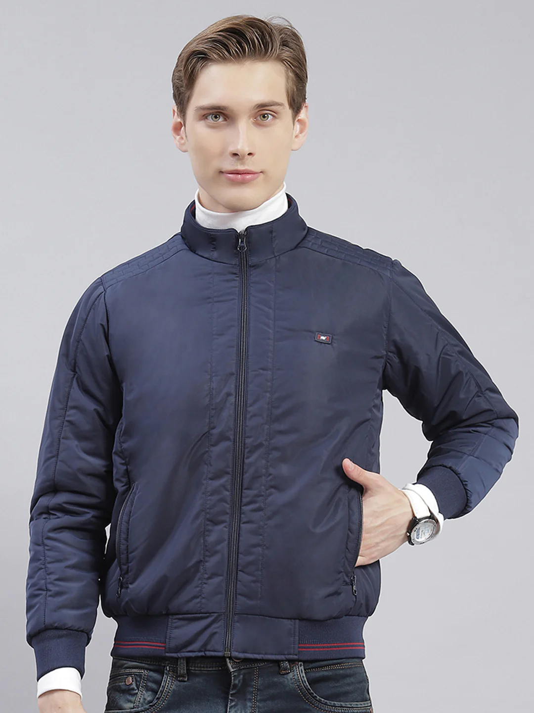 Men Blue Solid Stand Collar Full Sleeve Jackets - Image 4