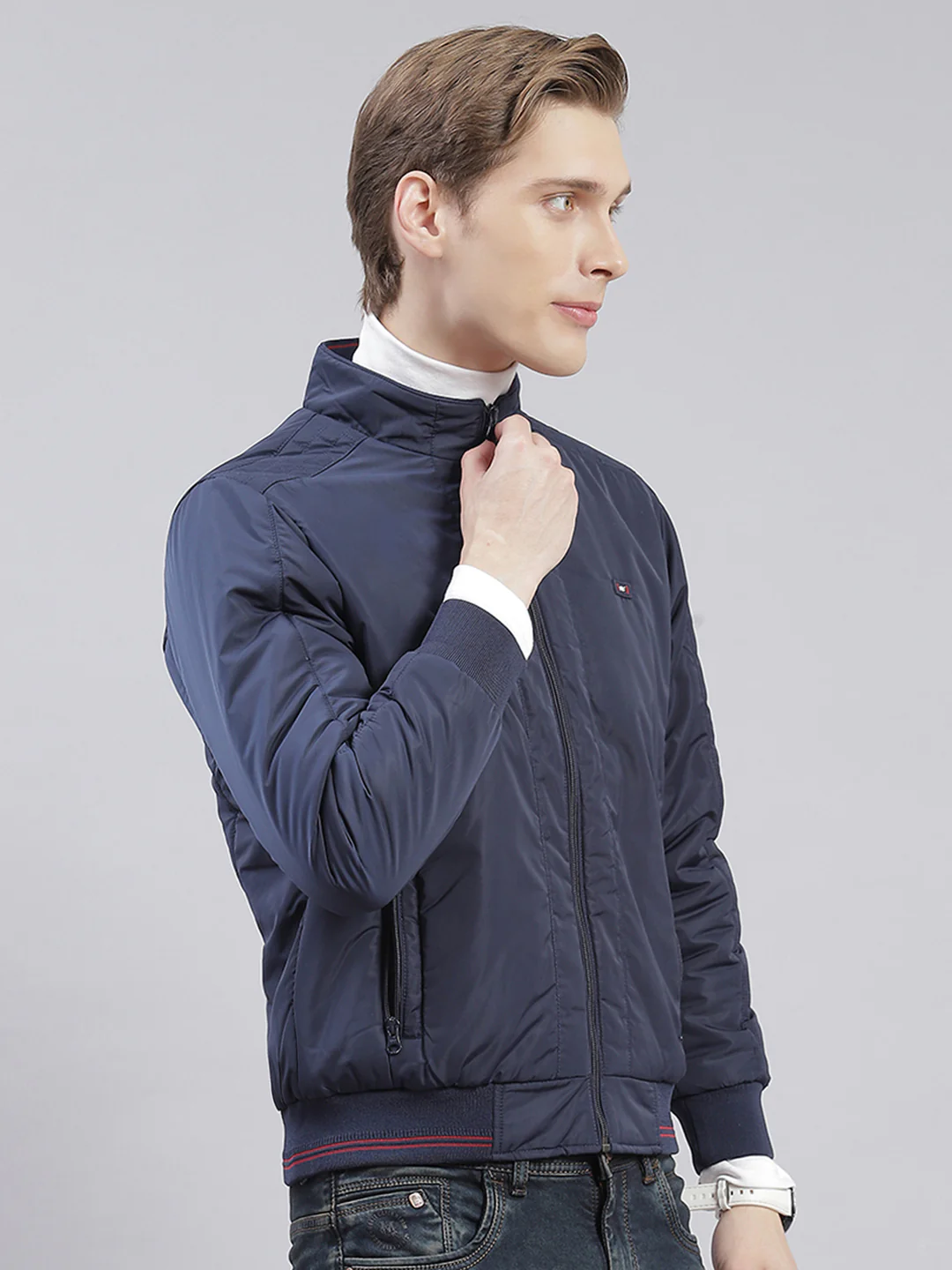 Men Blue Solid Stand Collar Full Sleeve Jackets - Image 6