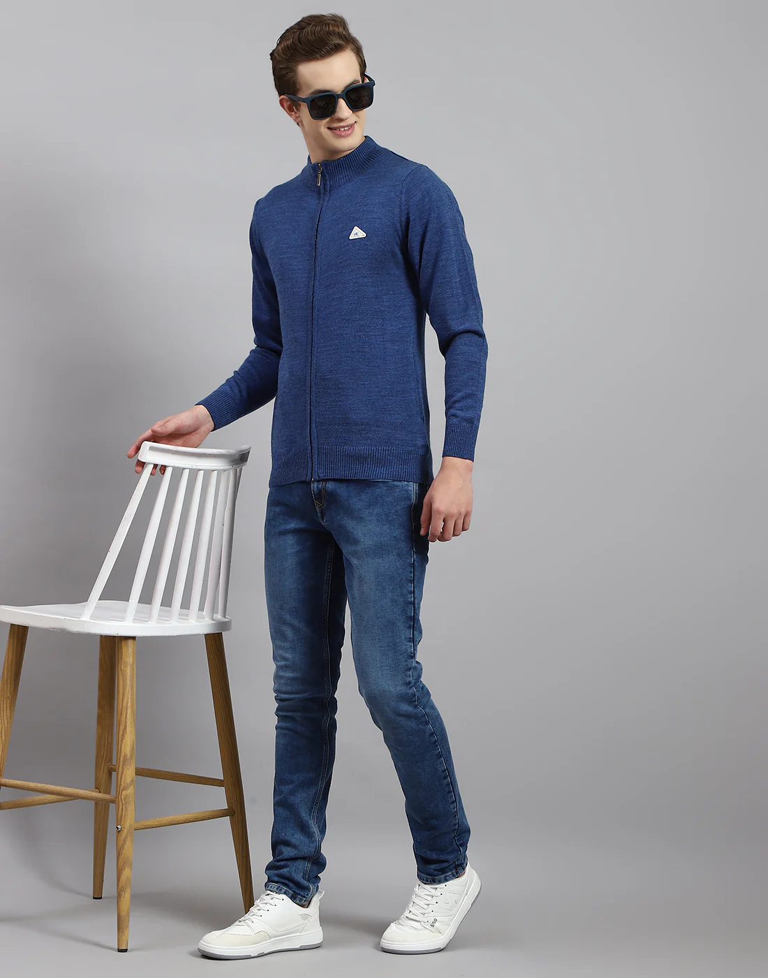 Men Blue Solid Stand Collar Full Sleeve Pullover - Image 2