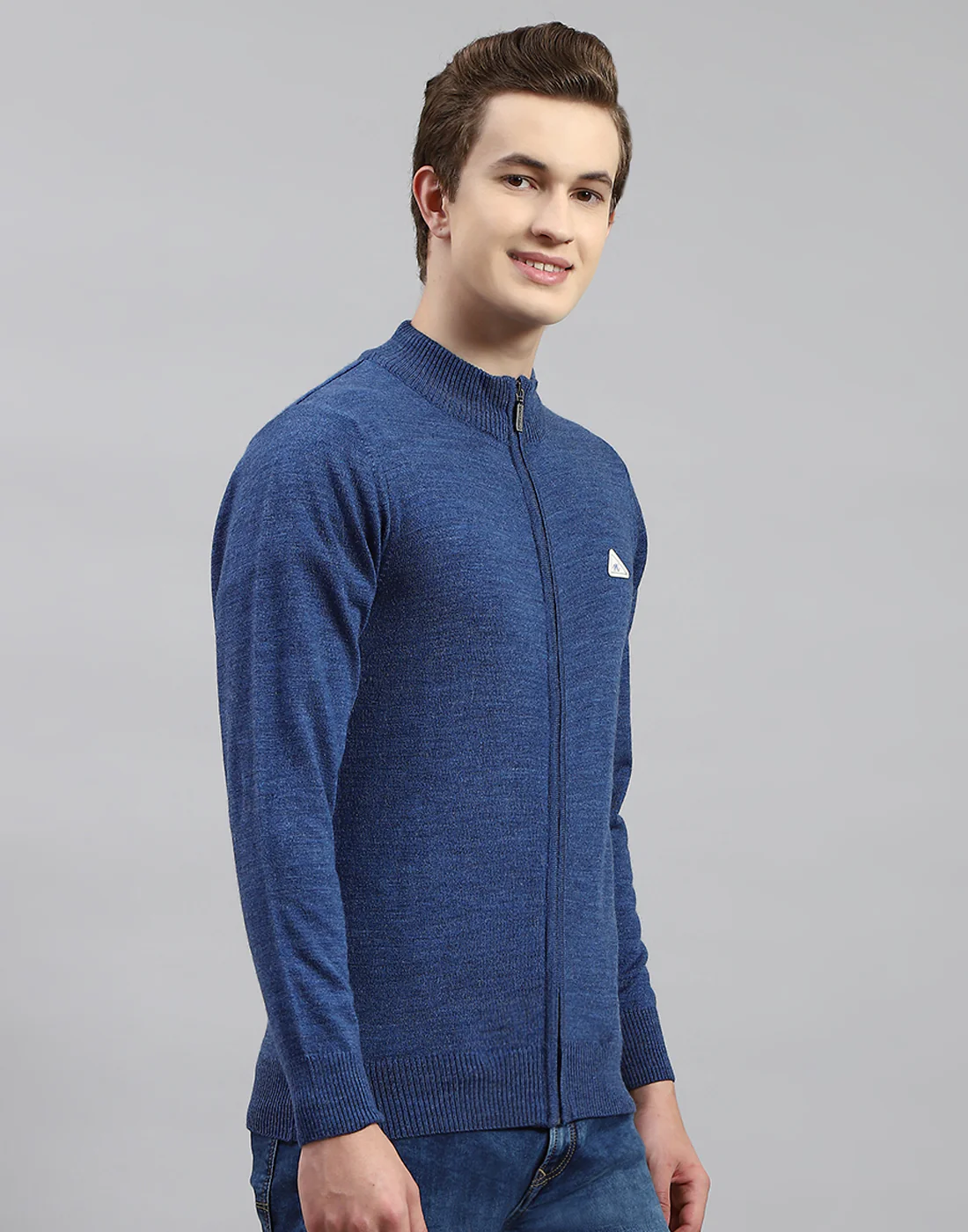 Men Blue Solid Stand Collar Full Sleeve Pullover - Image 4