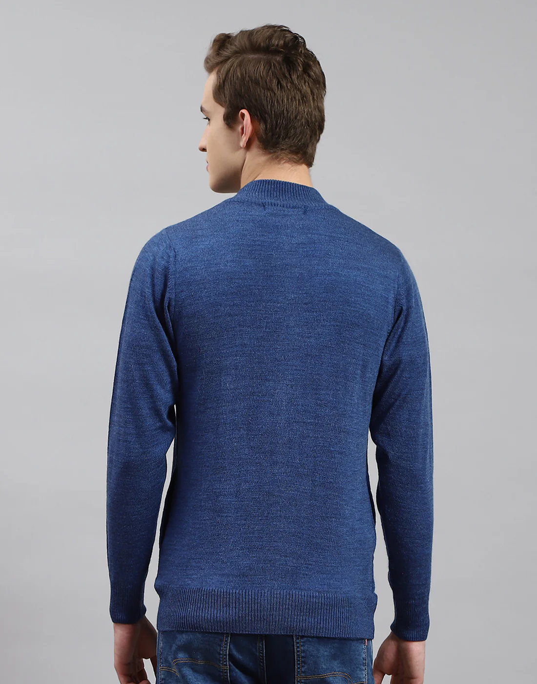 Men Blue Solid Stand Collar Full Sleeve Pullover - Image 5