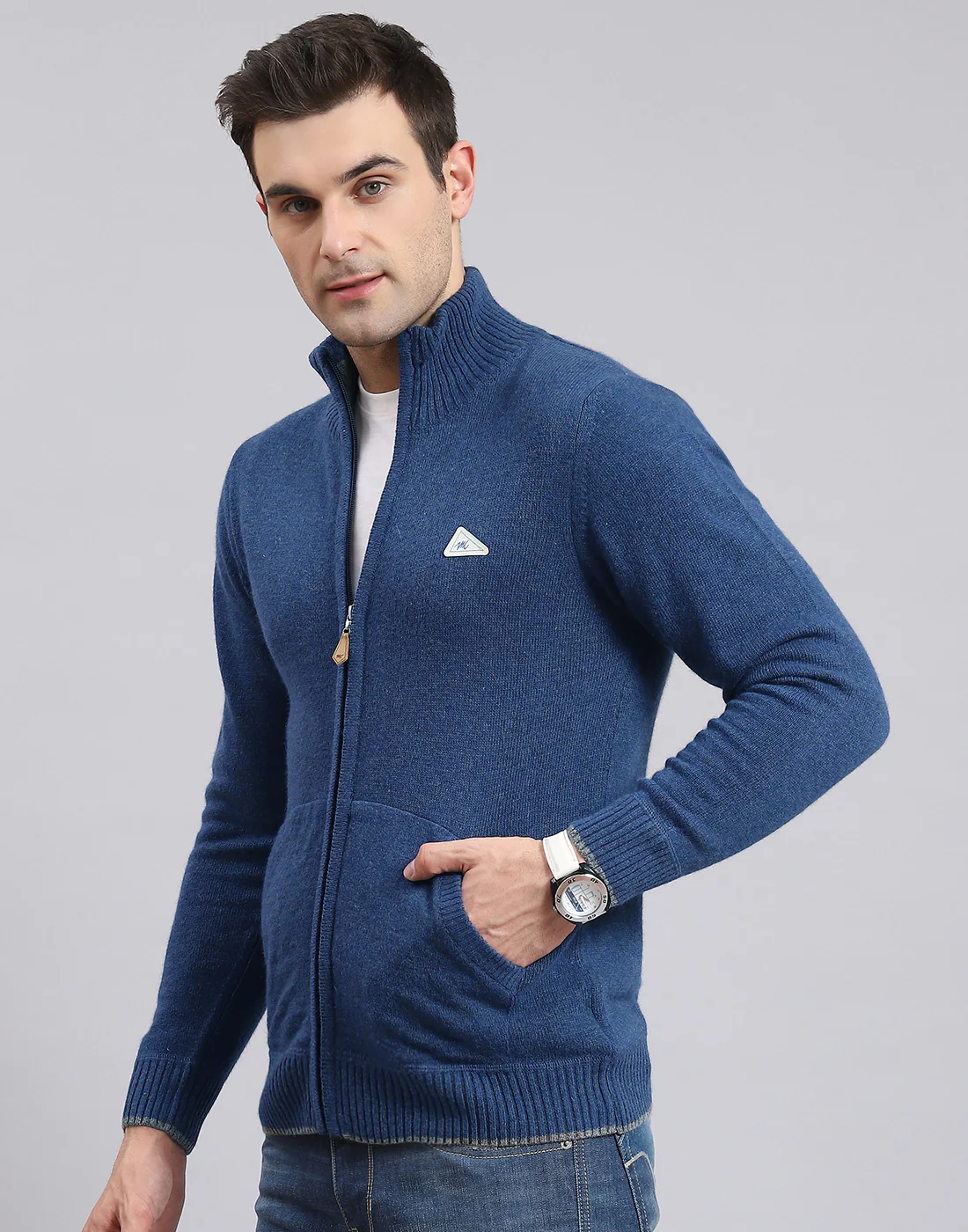 Men Blue Solid Stand Collar Full Sleeve Sweater - Image 3