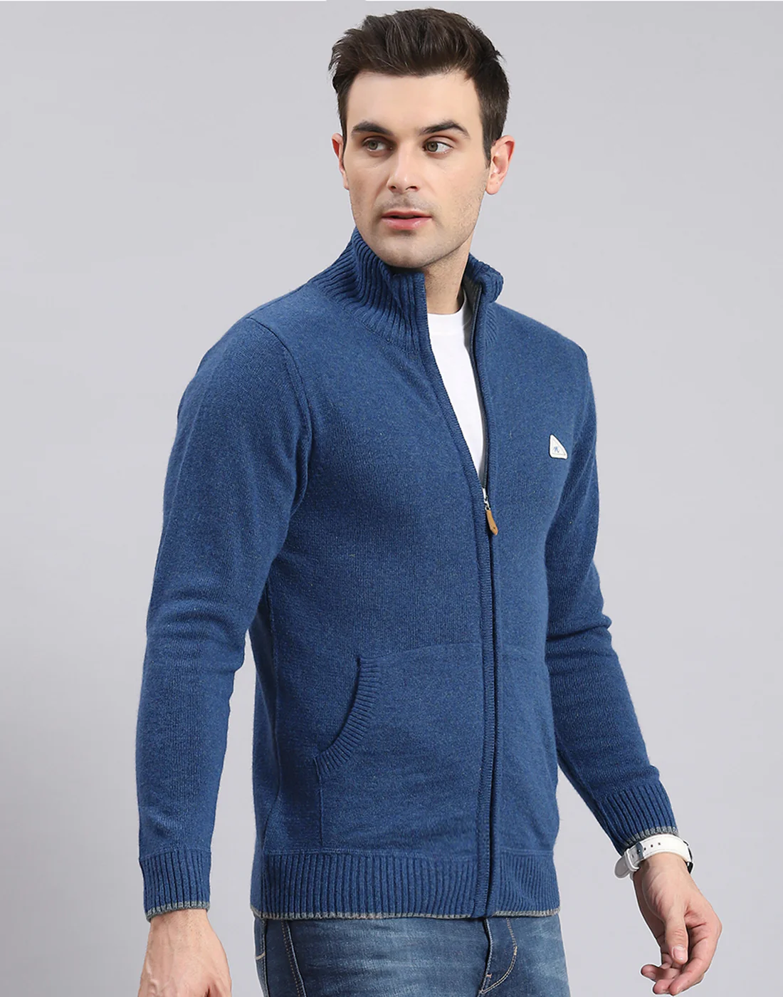Men Blue Solid Stand Collar Full Sleeve Sweater - Image 4