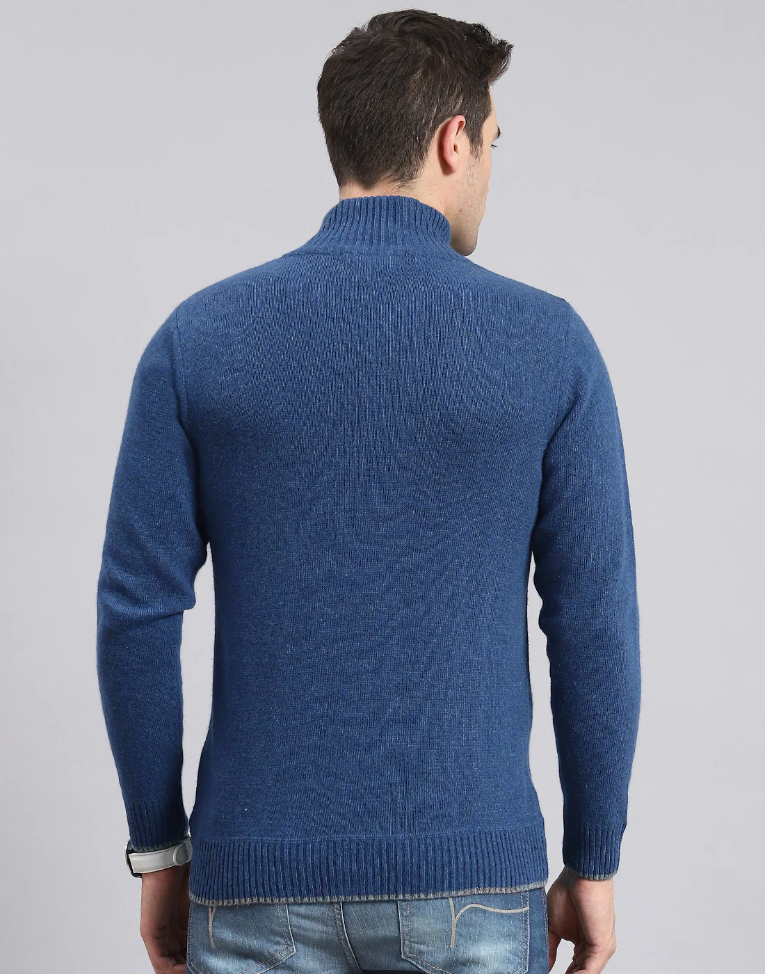 Men Blue Solid Stand Collar Full Sleeve Sweater - Image 6