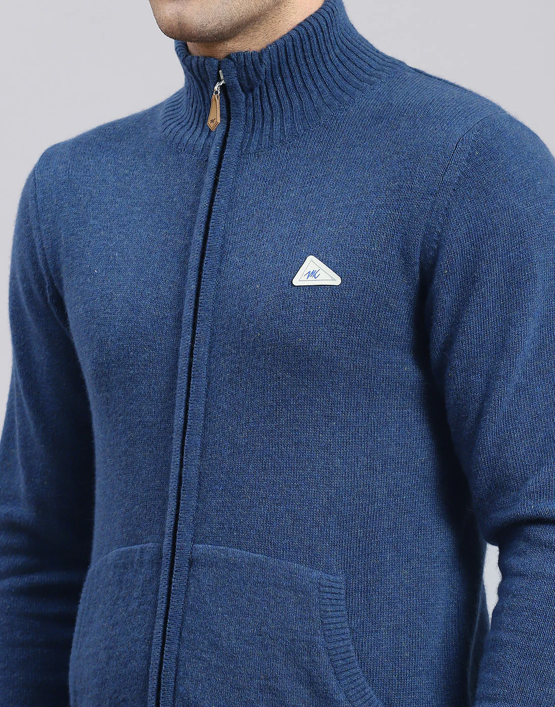 Men Blue Solid Stand Collar Full Sleeve Sweater - Image 7