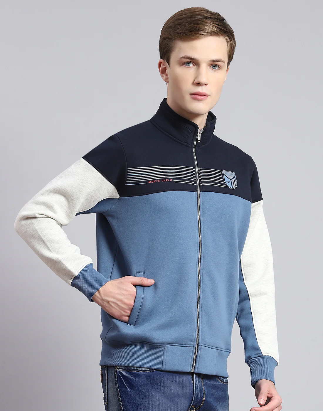 Men Blue Solid Stand Collar Full Sleeve Sweatshirt - Image 4