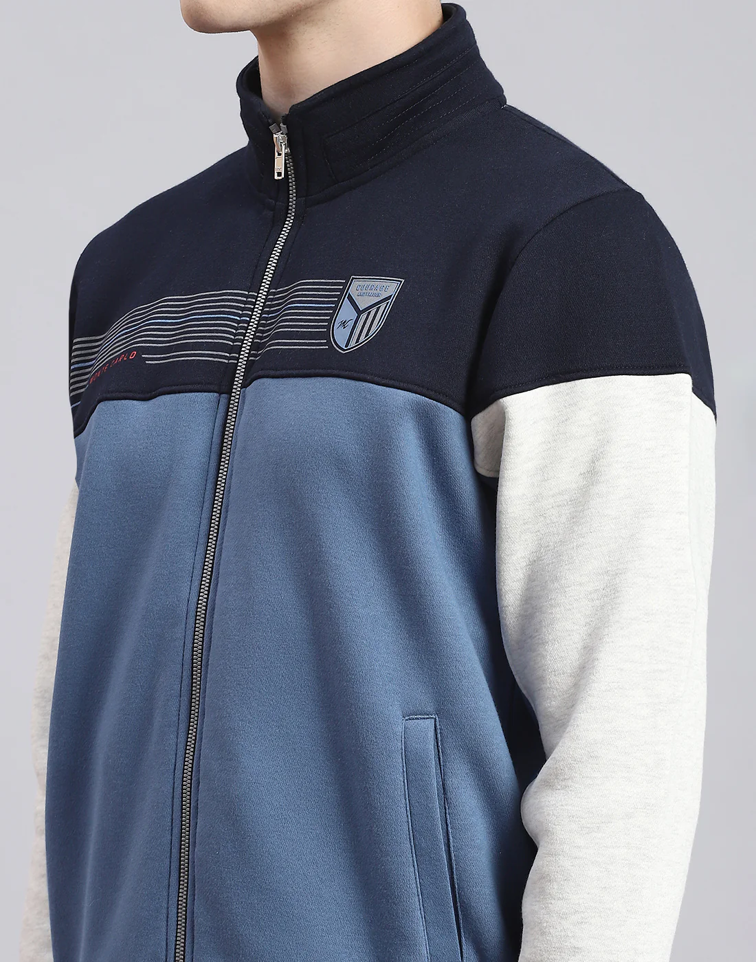 Men Blue Solid Stand Collar Full Sleeve Sweatshirt - Image 7