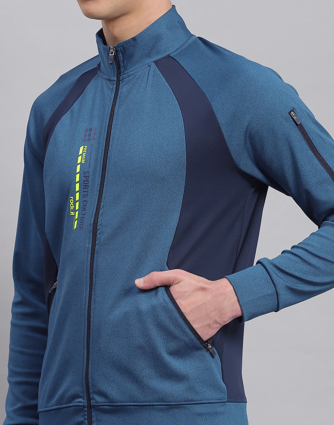 Rock.it Men Blue Solid Stand Collar Full Sleeve Tracksuit - Image 7