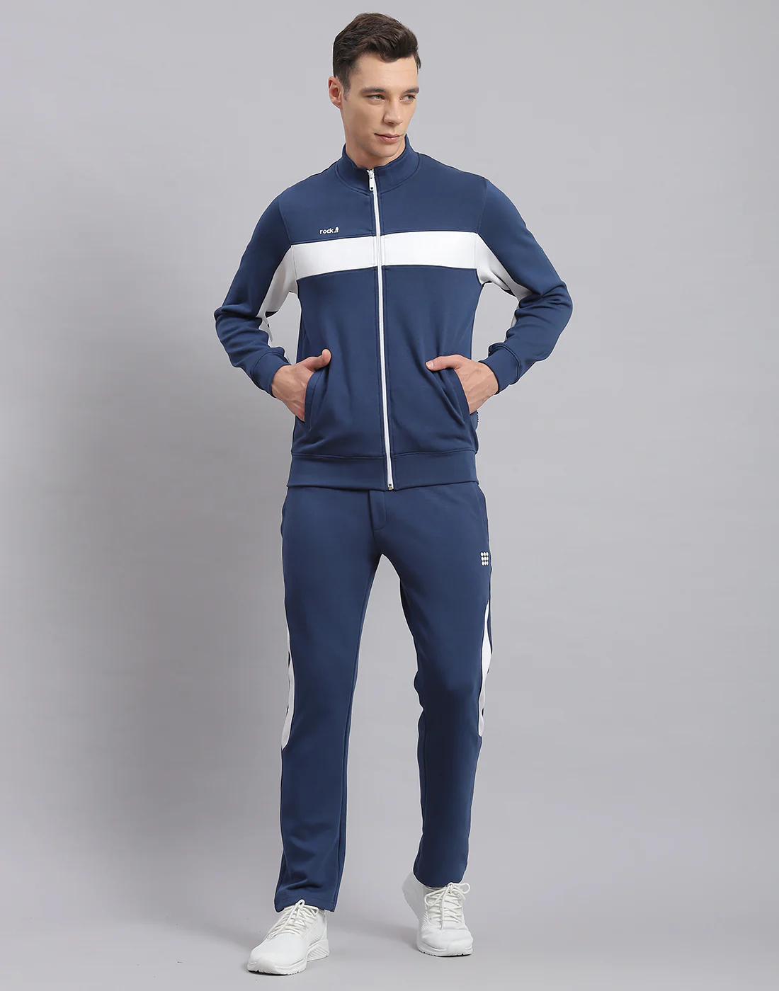 Rock.it Men Blue Solid Stand Collar Full Sleeve Tracksuit - Image 2