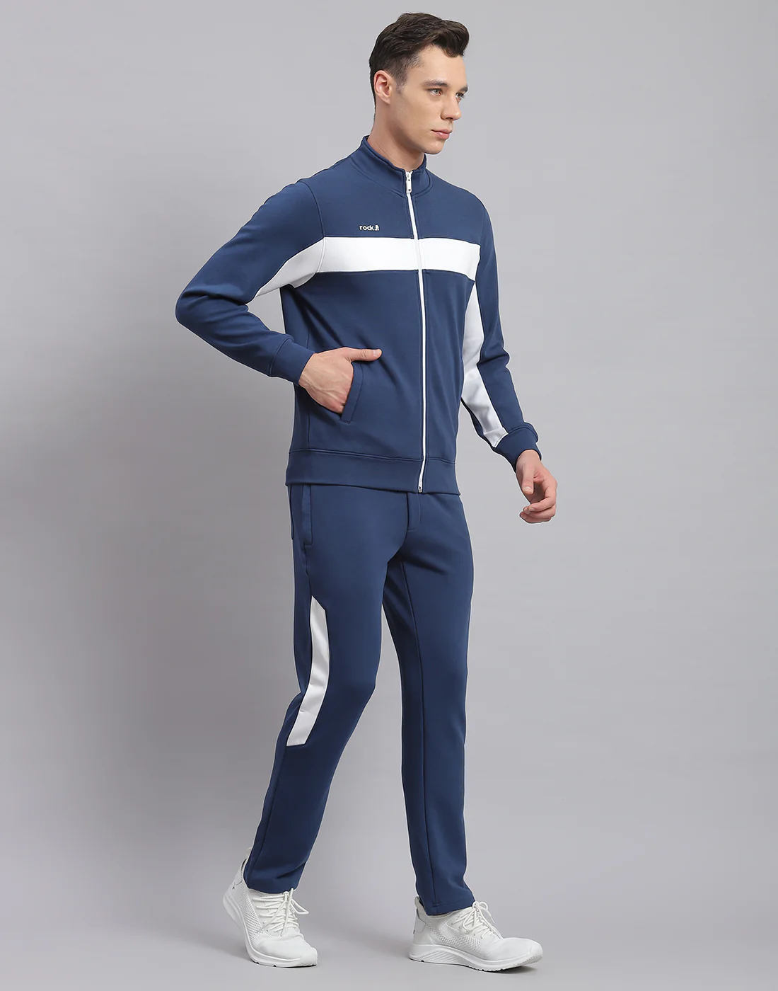 Rock.it Men Blue Solid Stand Collar Full Sleeve Tracksuit - Image 4