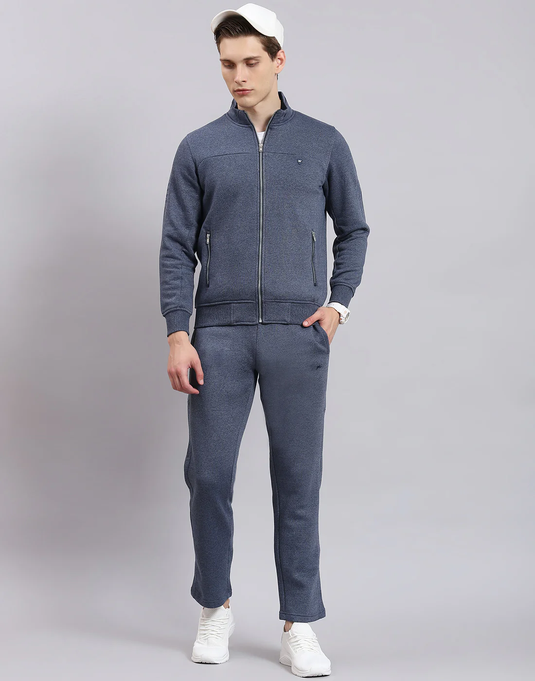 Men Blue Solid Stand Collar Full Sleeve Tracksuit - Image 2