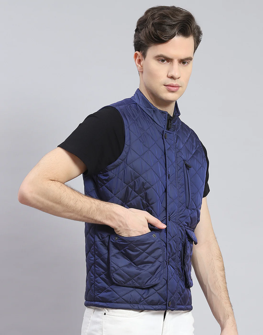 Rock.it Men Blue Solid Stand Collar Sleeveless Jacket - Image 4