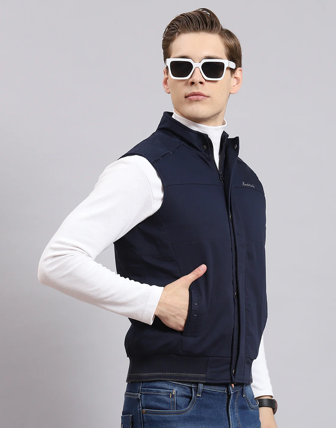 Men Blue Solid Stand Collar Sleeveless Jacket - Image 6
