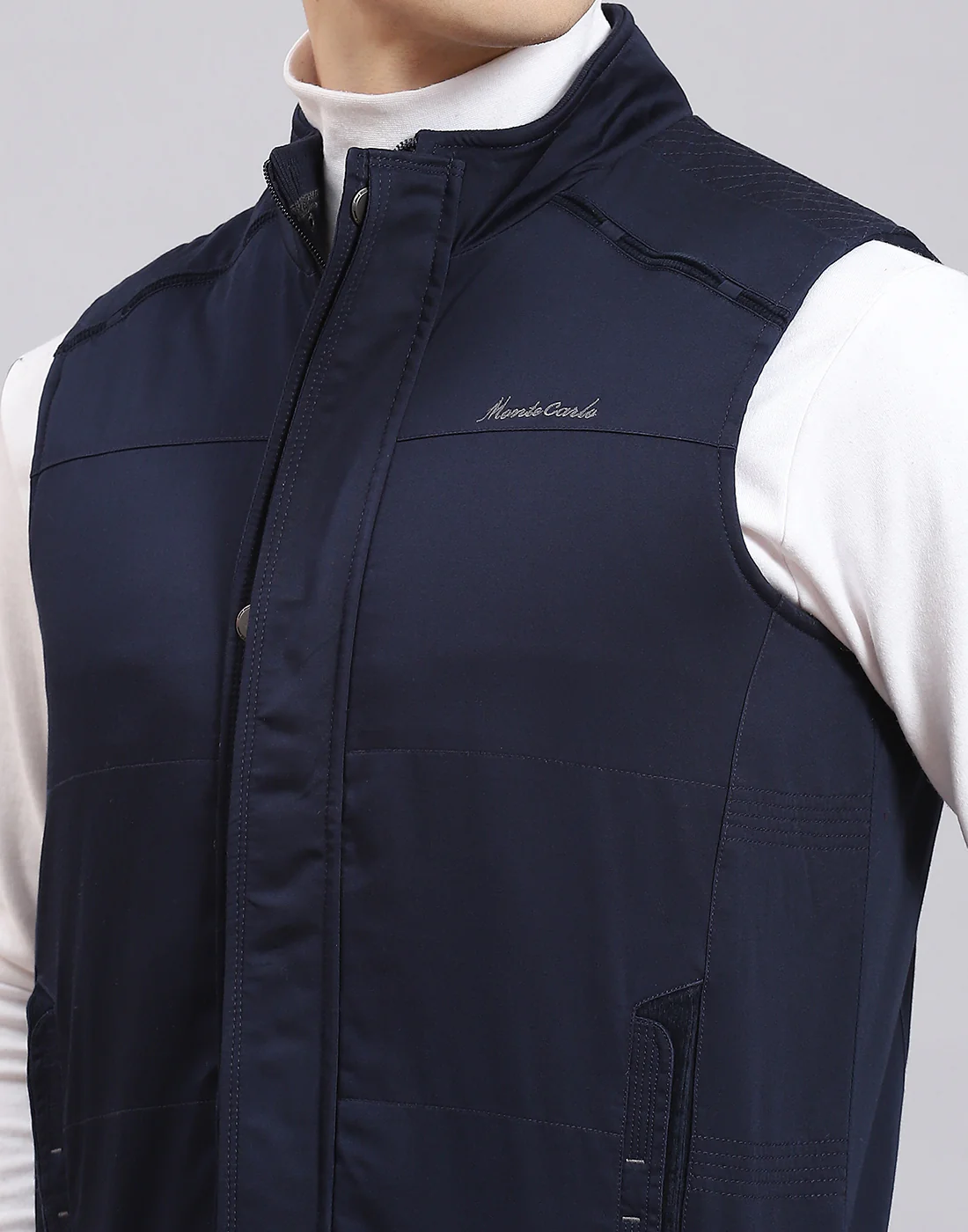 Men Blue Solid Stand Collar Sleeveless Jacket - Image 8